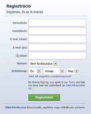 Facebook regisztráció