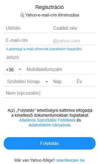 Yahoo Mail regisztráció